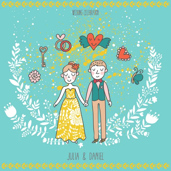 Mignonne invitation de mariage avec mariée et marié — Image vectorielle