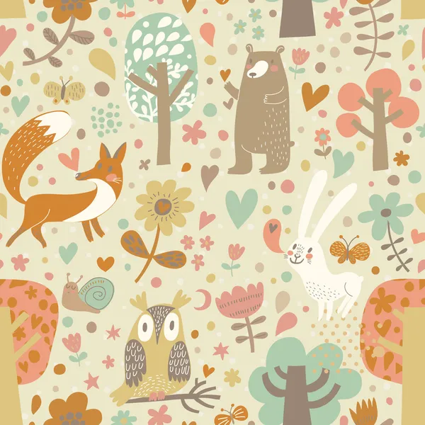 Stylish floral seamless pattern with forest animals — Stock Vector