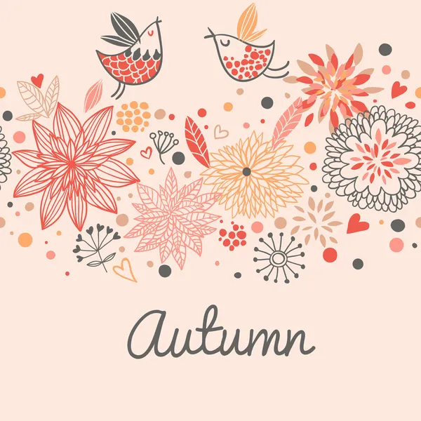 Autumn seamless pattern with cute birds, flowers and hearts — Stock Vector