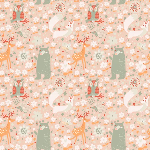 Renard, ours, lapin, hibou, escargot dans les arbres et les fleurs . — Image vectorielle