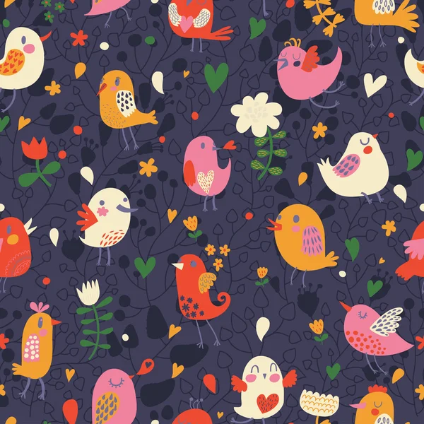 Cute seamless pattern with small birds and flowers. — Stock Vector