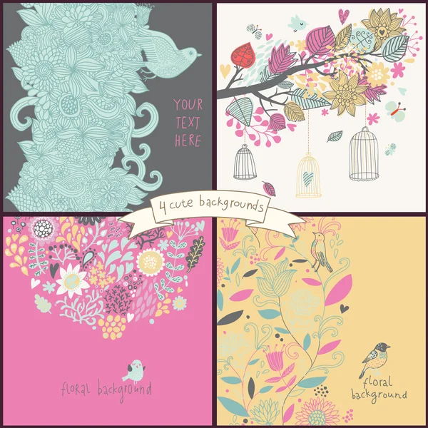 Quatre cartes florales avec fleurs, oiseaux, cages . — Image vectorielle