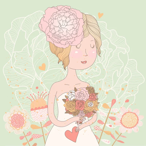 Belle mariée blonde avec bouquet en ranunculus — Image vectorielle