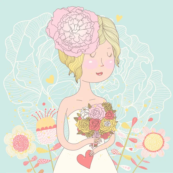 Ranunculuses の花束と美しい金髪の花嫁 — ストックベクタ