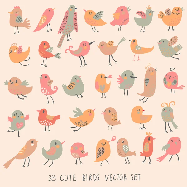 Set of 33 bright beautiful birds in vector. — Stock Vector