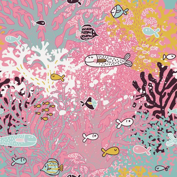 Cute seamless pattern with small fishes and corals. — Stock Vector