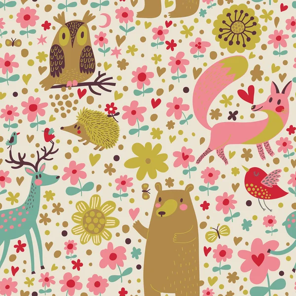 Renard, ours, lapin, hibou, escargot dans les arbres et les fleurs . — Image vectorielle