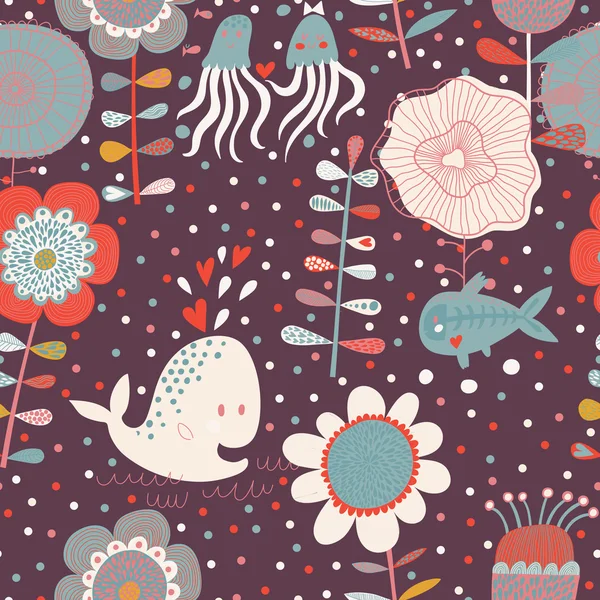 Cute floral seamless pattern with sea animals — Stock Vector