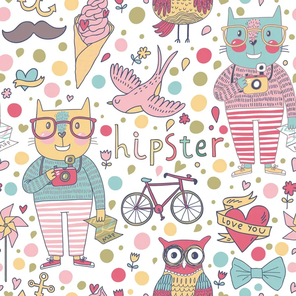 Chats hipster, caméras, lunettes, avaler, crème glacée — Image vectorielle