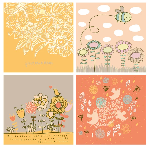 Backgrounds with flowers, birds and bee — Stock Vector