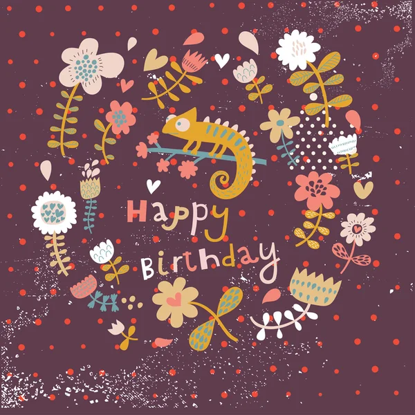 Κομψό floral κάρτα με χαριτωμένο ιγκουάνα μέσα. — Διανυσματικό Αρχείο