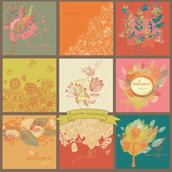 Set of nine autumn backgrounds with leaf — Stock Vector