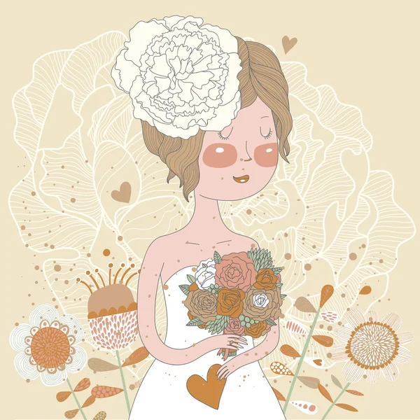 Belle mariée blonde avec bouquet en ranunculus — Image vectorielle