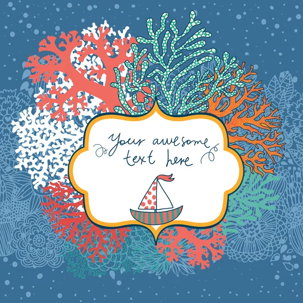 Conceito cartão marinho feito de corais com veleiro — Vetor de Stock