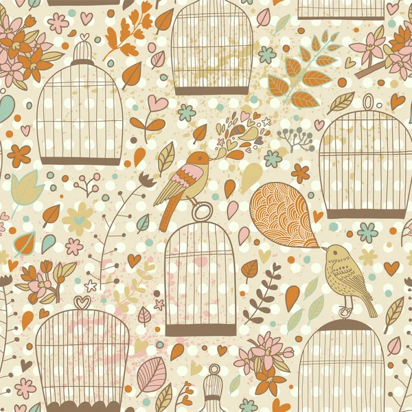 Gentle seamless pattern with cages and birds — Stock Vector