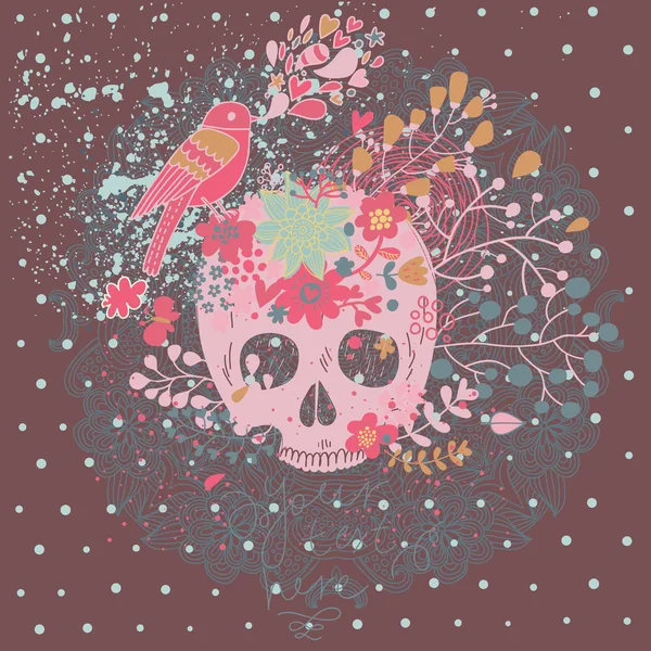 Mystical card with skull, bird and flowers in vector. — Stock Vector