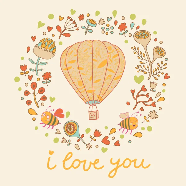 Vintage floral card with lovely air-balloon, flowers, bees. — Stock Vector