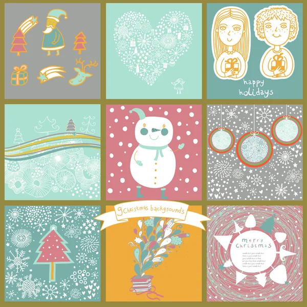 Infantil vector conjunto de nueve tarjetas de Navidad . — Vector de stock