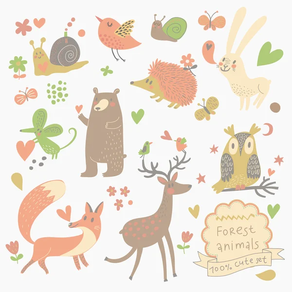 Jeu de dessin animé d'animaux sauvages mignons dans la forêt — Image vectorielle