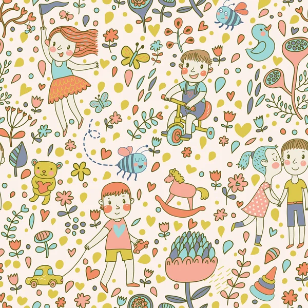 Mignon motif sans couture avec des enfants dans le jardin . — Image vectorielle