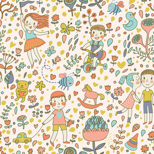 Cute seamless pattern with children in the garden.
