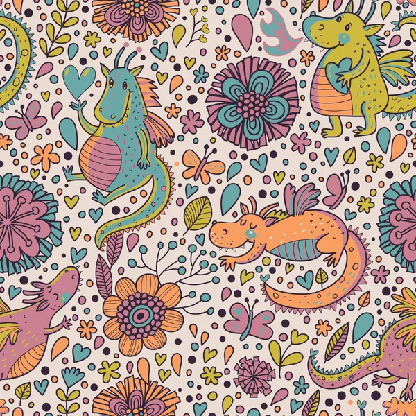 Helle fantastische Hintergrund mit Blumen und Cartoon-Drachen. — Stockvektor