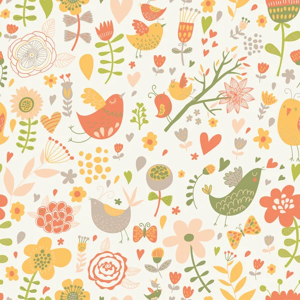 Pattern with birds, hearts and butterflies. — Stock Vector