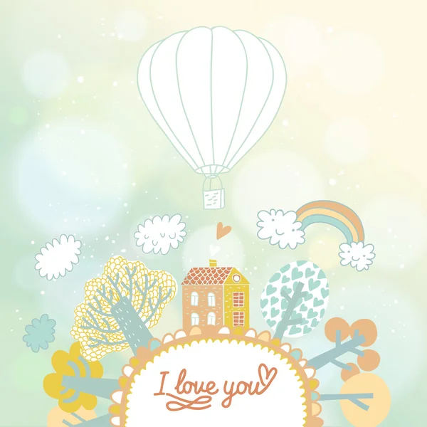 Stylish cartoon card with house, trees, clouds and balloon — Stock Vector