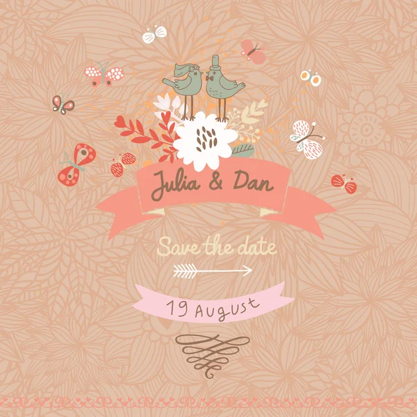 Elegante tarjeta Save the Date hecha de pájaros lindos — Vector de stock