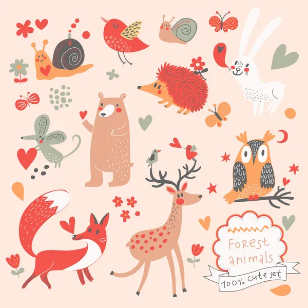 Cartoon set of cute wild animals in the forest Vector Graphics