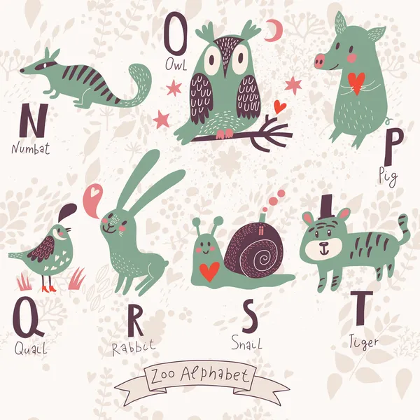 Cute zoo alphabet in vector. N, o, p, q, r, s, t letters. Vector Graphics