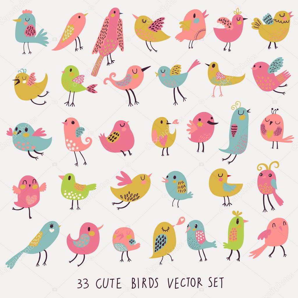 Set of 33 bright beautiful birds in vector.