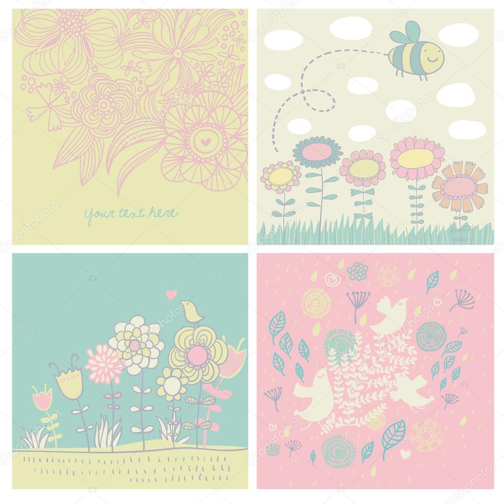 Backgrounds with flowers, birds and bee
