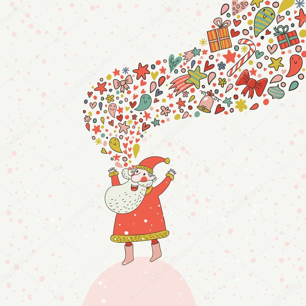Cartone animato divertente Babbo Natale su carta vettoriale di concetto sfondo vacanza eleganti in colori vivaci santa infantile con raffica di fantasia