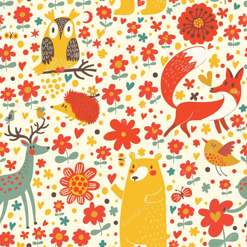 Fox, bear, rabbit, owl, snail in trees and flowers.