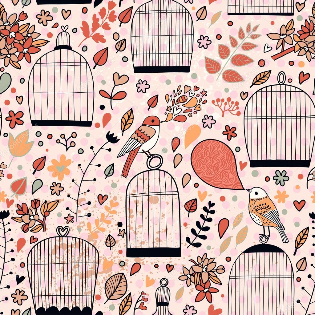 Gentle seamless pattern with cages and birds