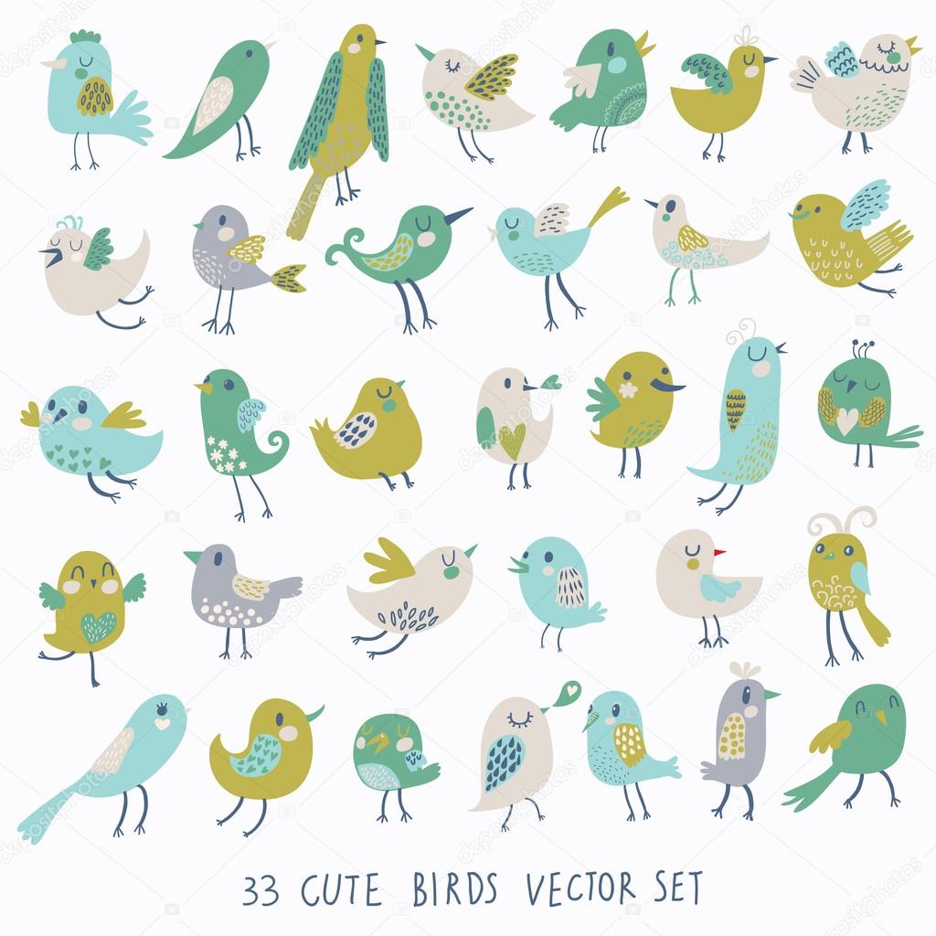 Set of 33 bright beautiful birds in vector.