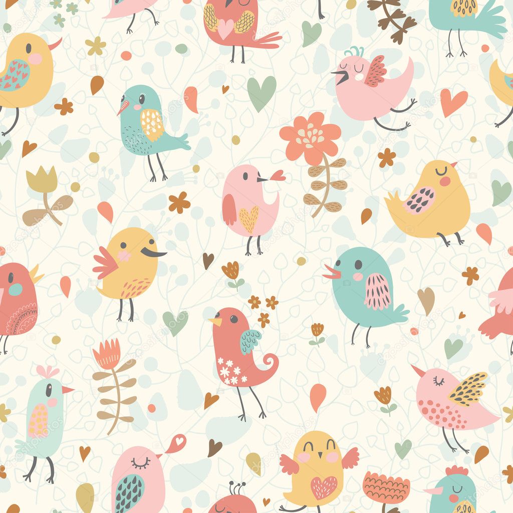 Cute seamless pattern with small birds and flowers.