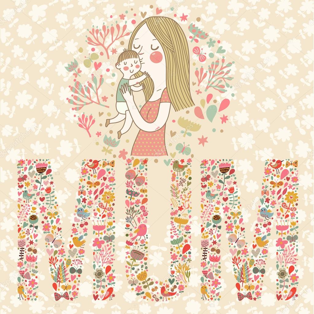 Cute vector card with mother and child.