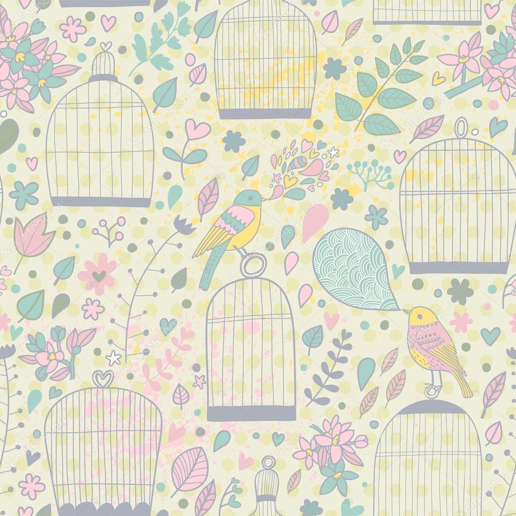 Gentle seamless pattern with cages and birds