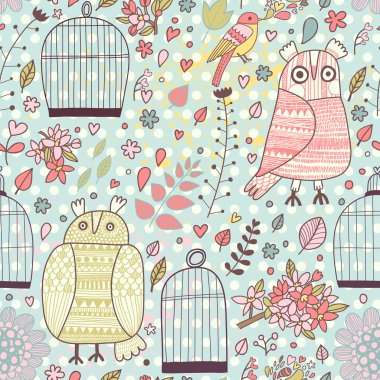 desen kuşlar, baykuşlar, kafesleri, çiçek ve çiçek açan ağaçlar.