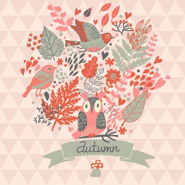 yapılmış şık sonbahar konsepti kart yaprakları ve kuşlar