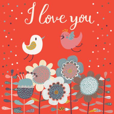 nazik karikatür kuş vektör çiçek.