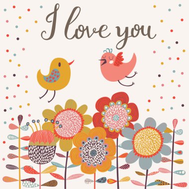 nazik karikatür kuş vektör çiçek.