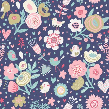 kuşlar ile şık çiçekli seamless modeli