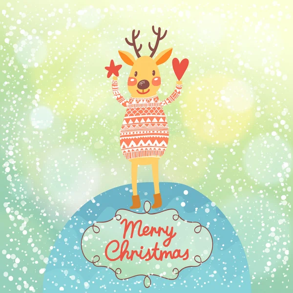 Cartão de Natal brilhante com veados bonitos — Vetor de Stock