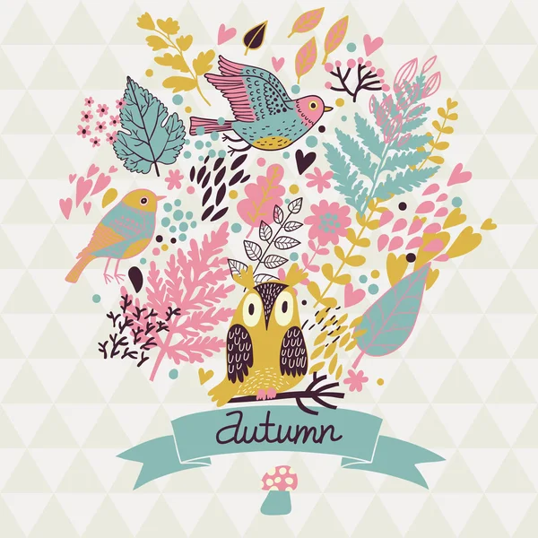 Elegante tarjeta de concepto de otoño hecha de hojas y aves — Vector de stock