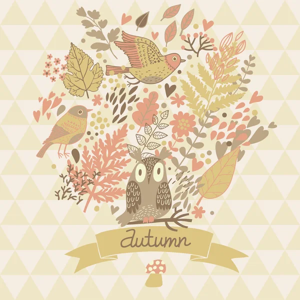 Cartão conceitual de outono elegante feito de folhas e pássaros — Vetor de Stock