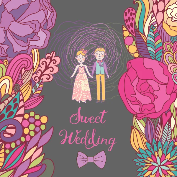 Zoete bruiloft kaart in heldere kleuren. — Stockvector