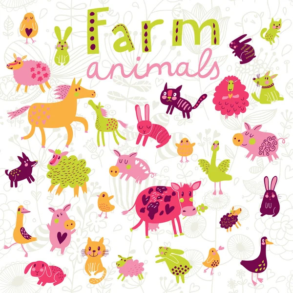Funny farm animals in vector set. — Stock Vector